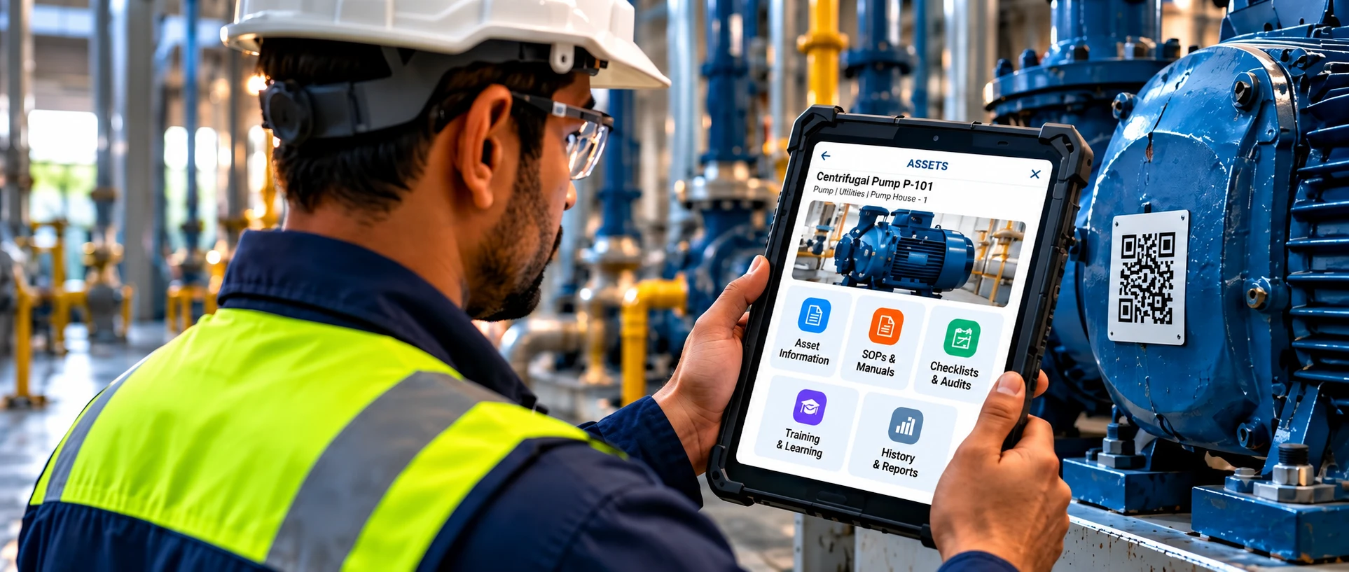 A technician holding a rugged tablet at a pump, with the equipment's QR code on the motor beside it