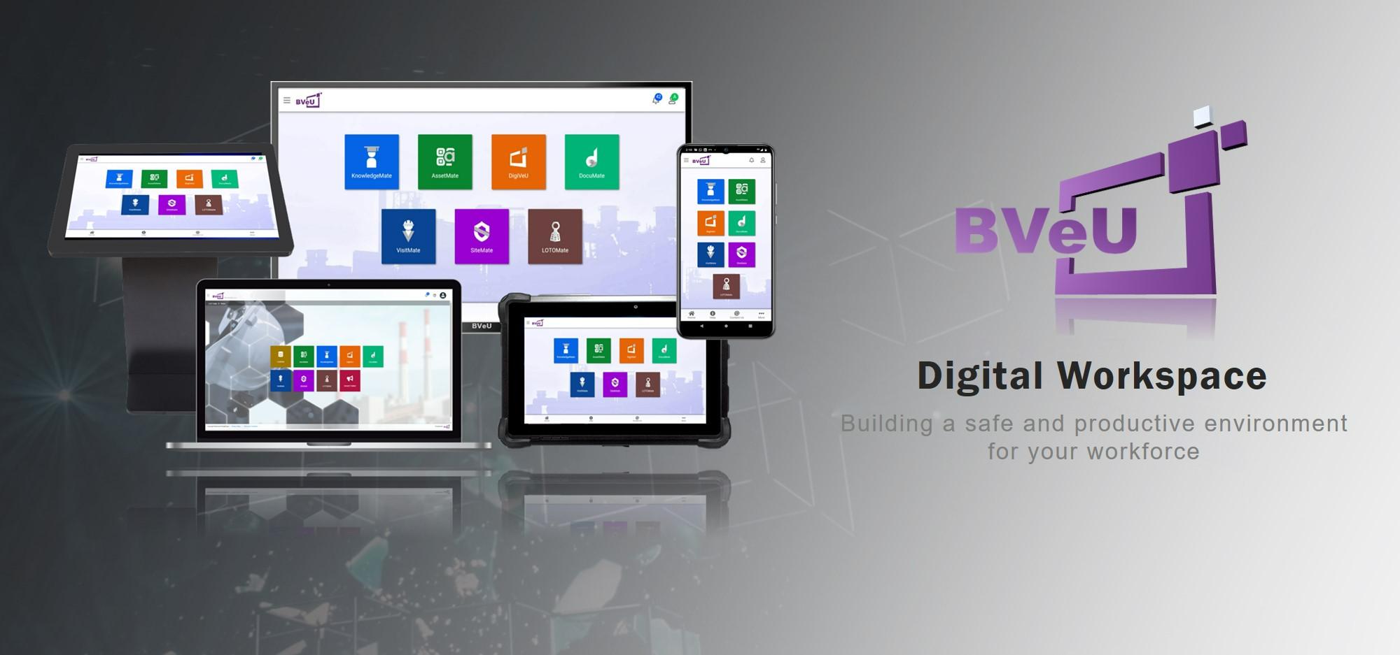 Brigs Digital Workplace banner, BVeU app displaying on digital signage, computer, tablet and mobile