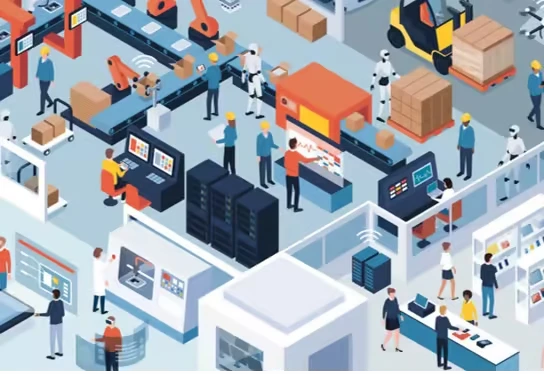 An illustration of a busy manufacturing shop floor with conveyors, robots, forklifts and workers