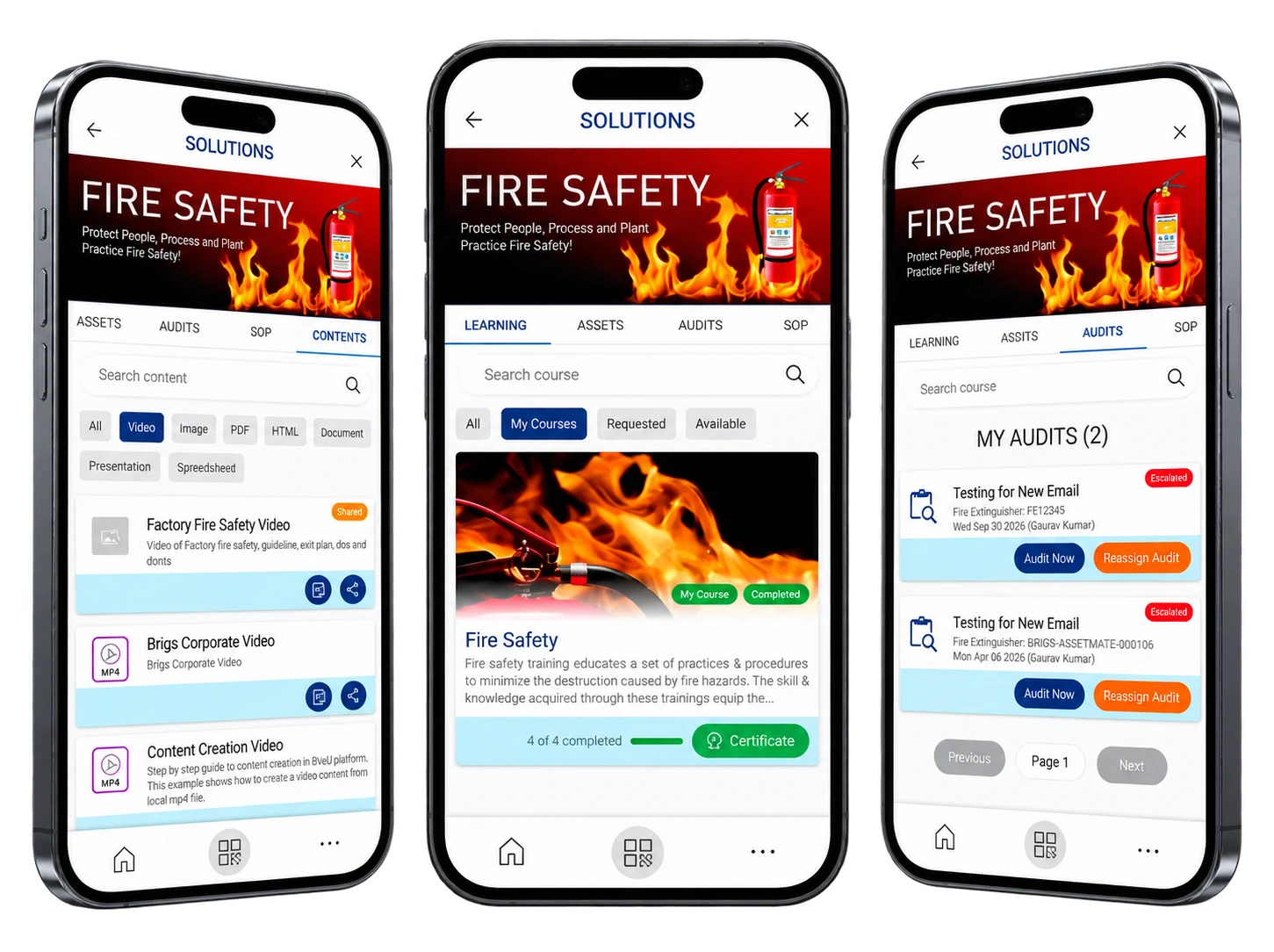 The ready-to-use fire-safety programme in the FactoryOS app: content library, a fire-safety course and fire-extinguisher audits