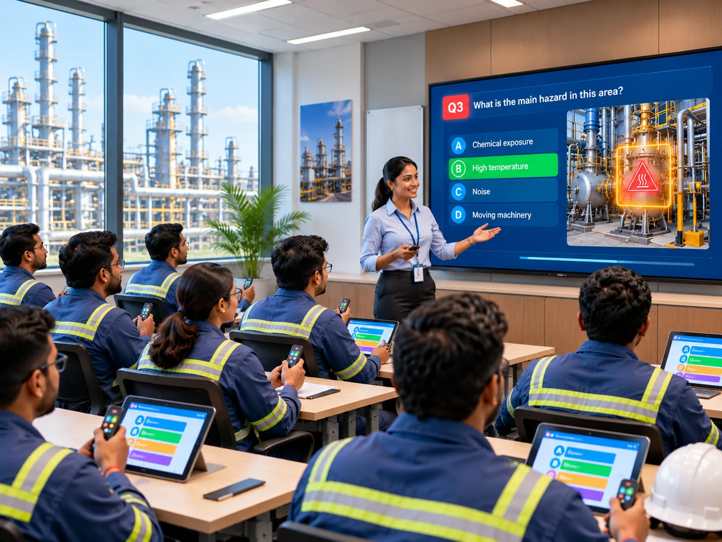 Instructor-led safety training: workers in a classroom answer a hazard quiz on tablets and clicker devices