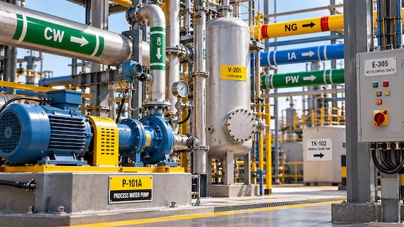 Pipe marking — flow direction and content identification labels